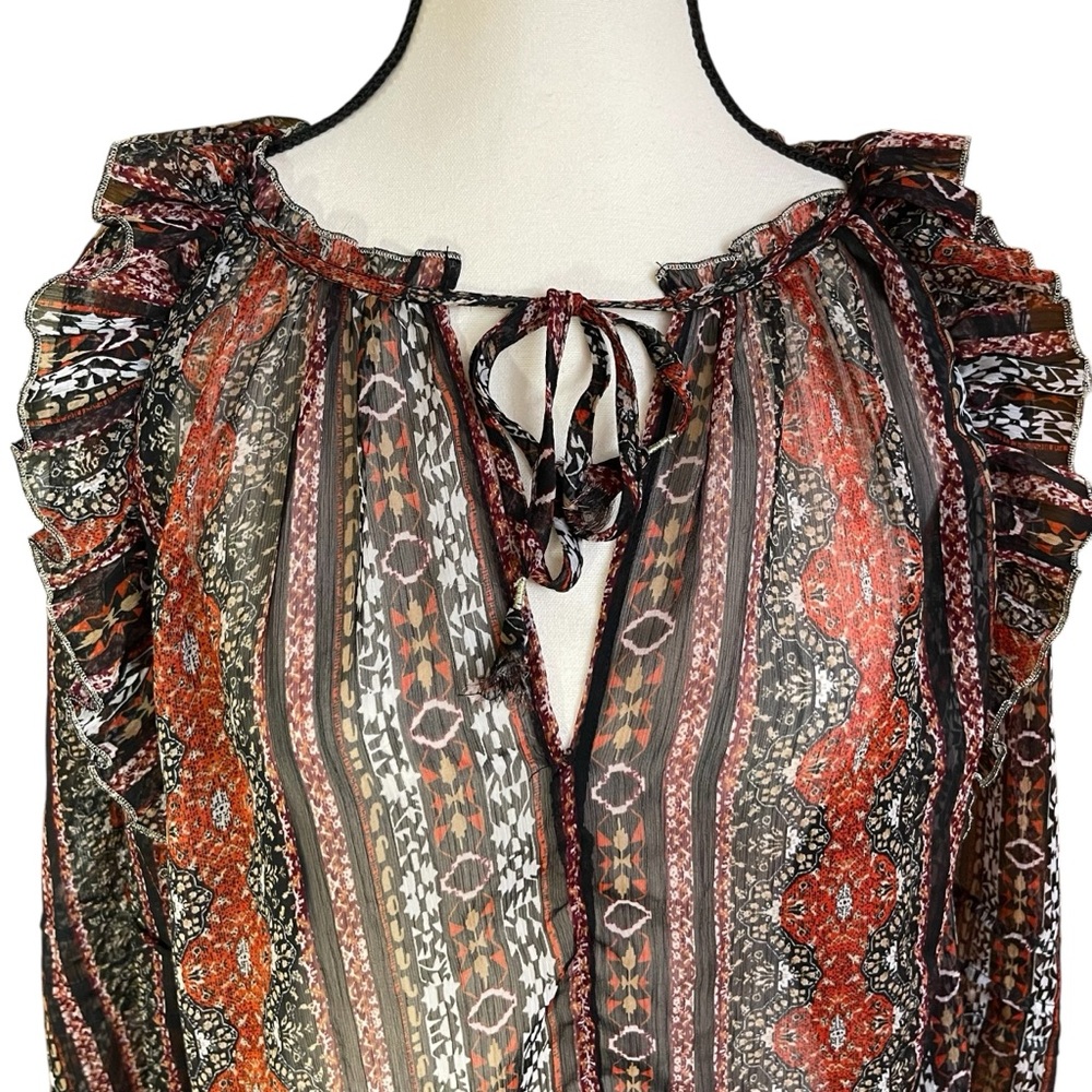 Lucky Brand Orange Brown Ruffled Tie-Front Balloon Sleeve Sheer‎ Boho Blouse M